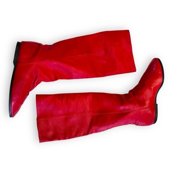 Vintage 1970's Fast Turn Cherry Red Genuine Leather Knee High Slip On Boots - Picture 4 of 9